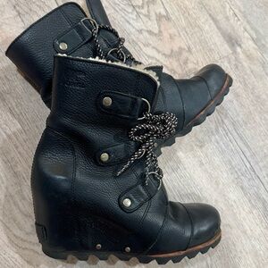 Sorel Joan of Artic Leather Mid Shearling Wedge Ankle Boots